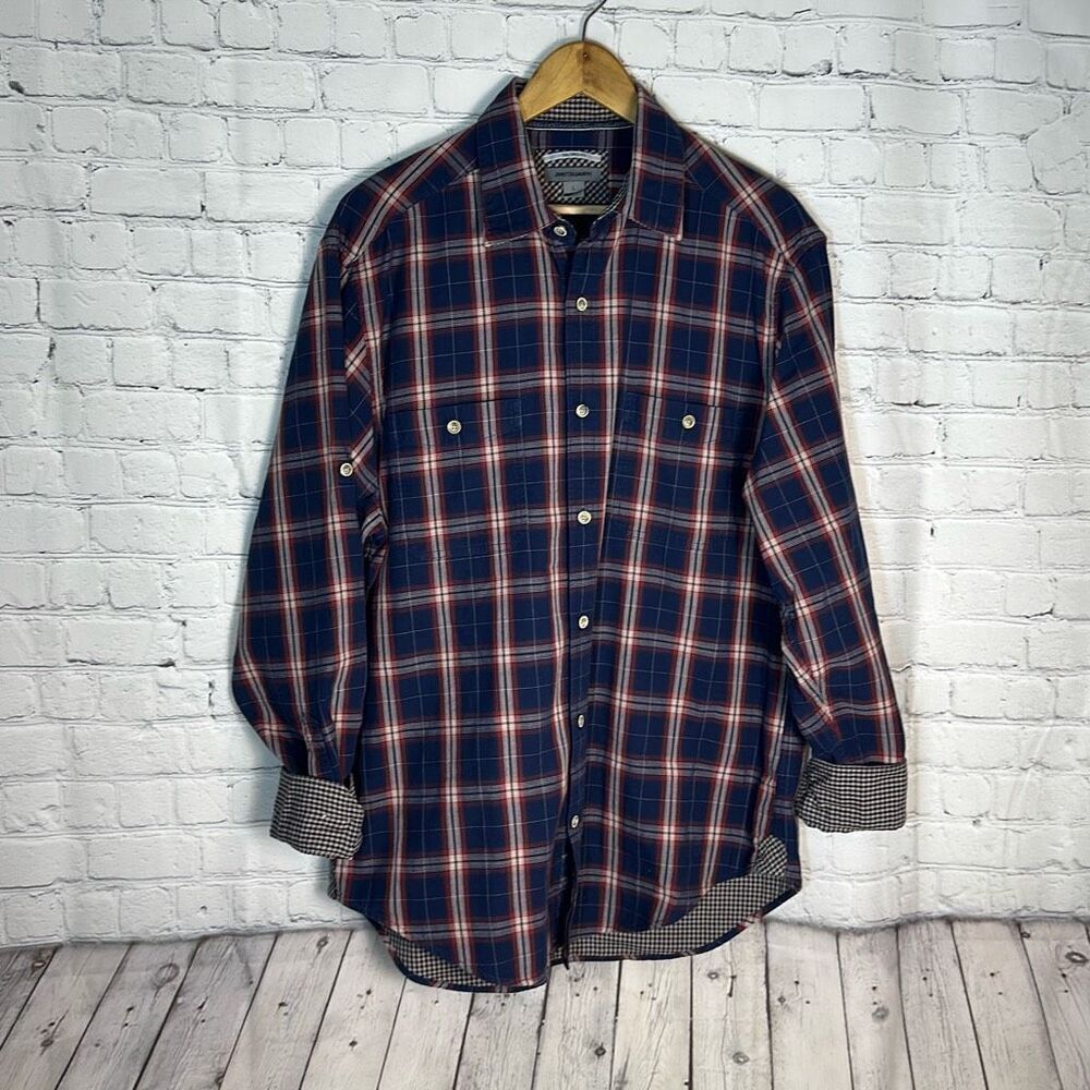 Johnston & Murphy Tailored Fit Convertible Button Down shirt L Blue Red Plaid